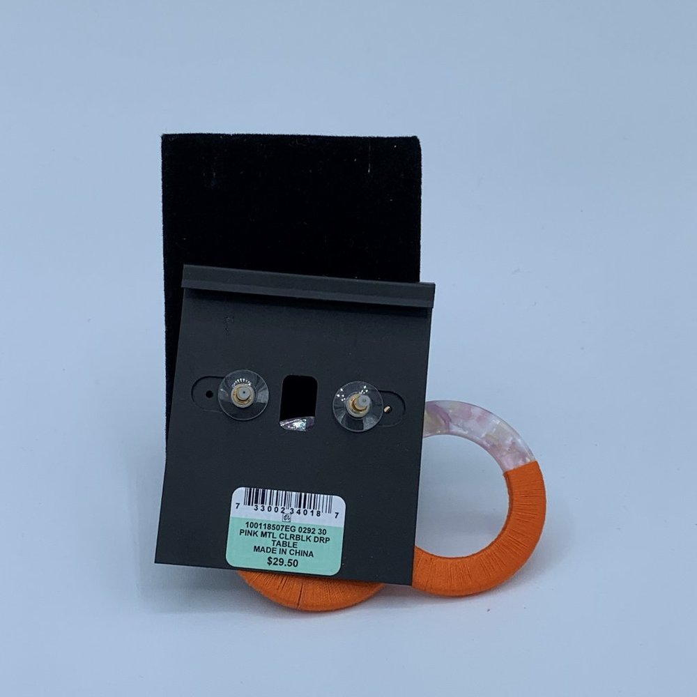 Large Grey & Orange Dangle Hoop Earrings W/ Yellow Crystal Accent - Picture 2 of 2